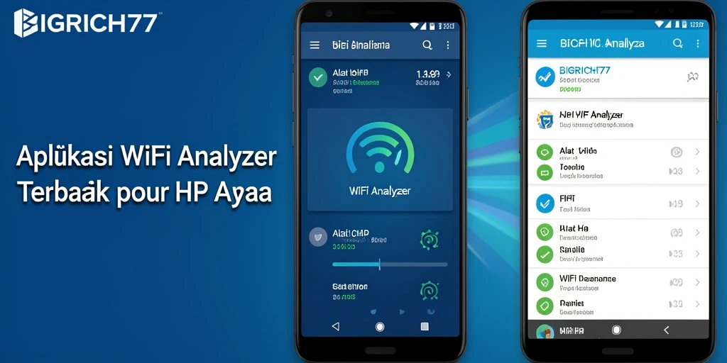 Antarmuka pengguna aplikasi BIGRICH77 WiFi Analyzer yang informatif dan menarik.