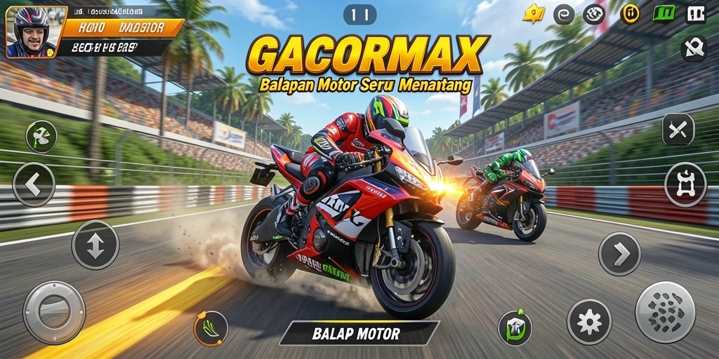 Antarmuka GACORMAX menampilkan balapan motor yang seru dan menegangkan.
