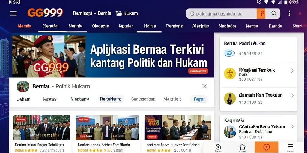 Tampilan antarmuka aplikasi GG999 dengan berita politik dan hukum.